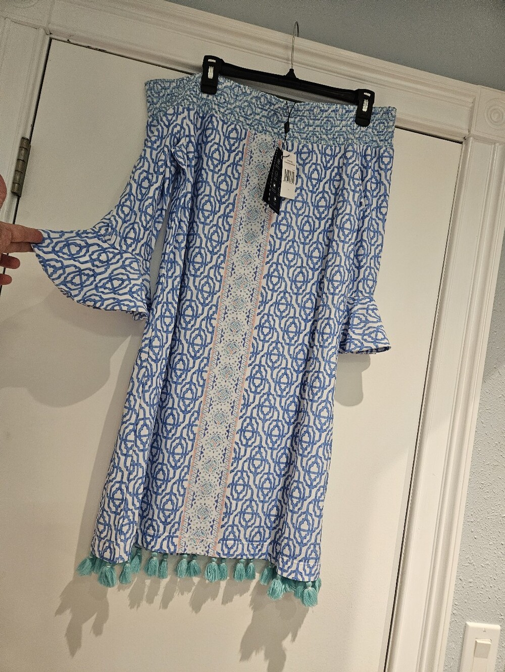 Cabana Life Coverluxe Smocked Dress Coastal Cottage UPF 50+ Blue Geometric NWT L